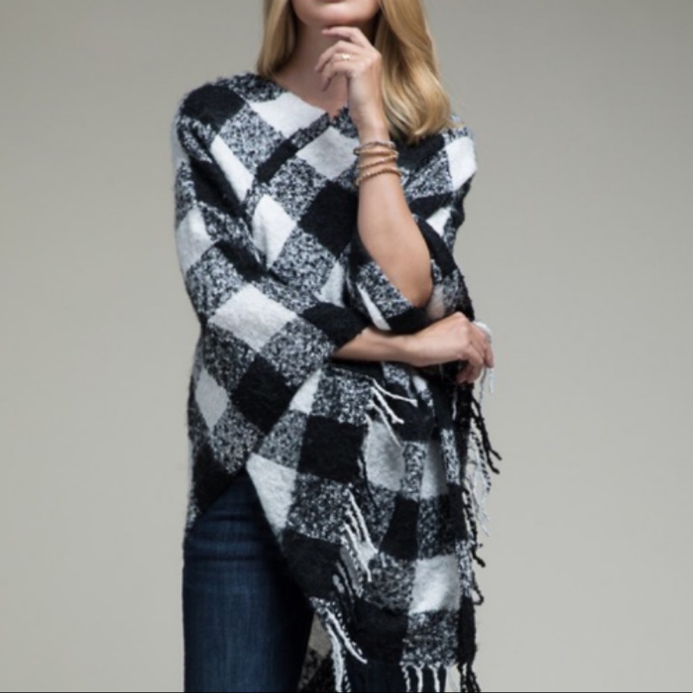 Soft 2 Tone Buffalo Plaid Long Fringe Poncho